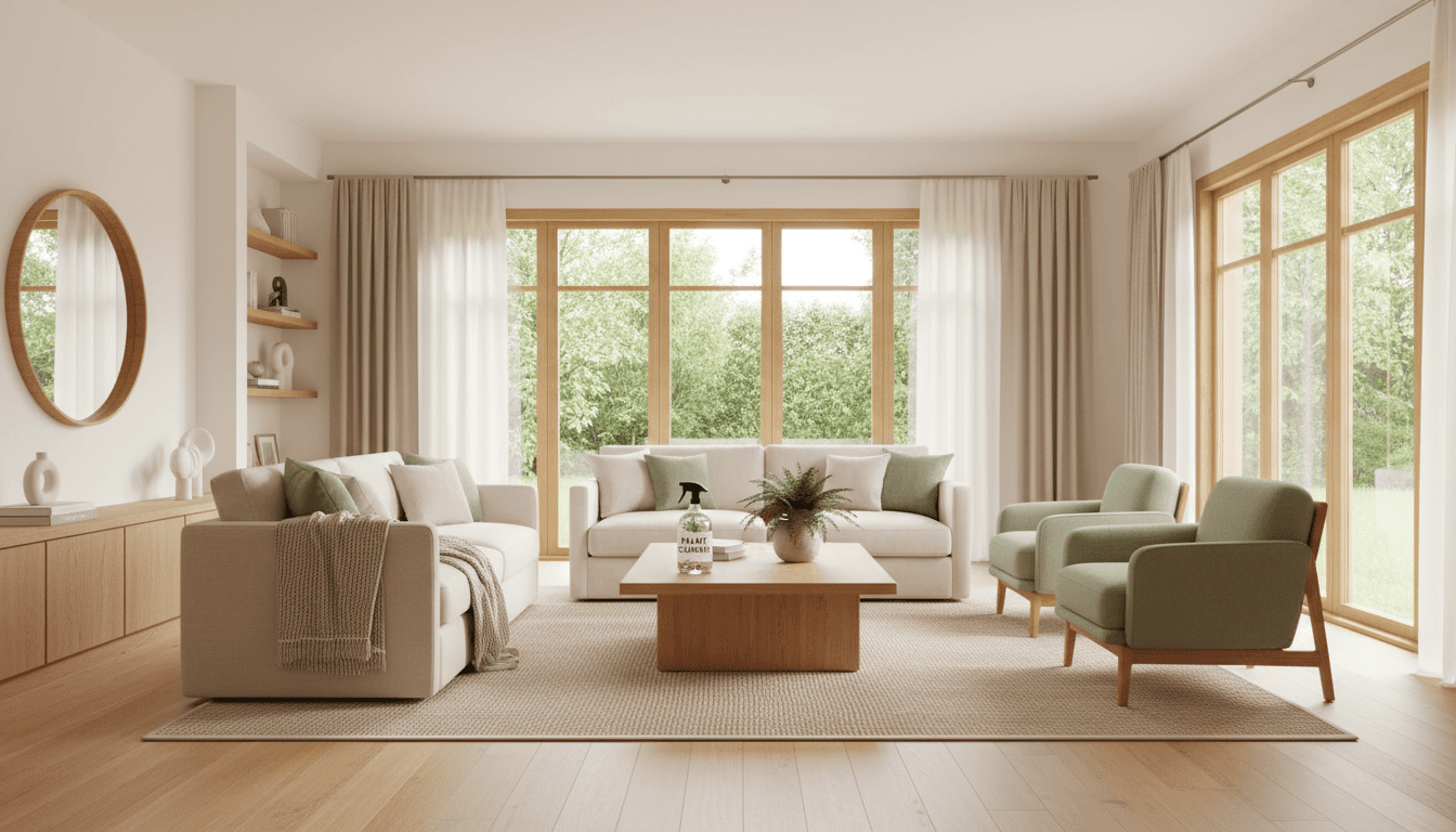 Bright and airy living room with a plant-based cleaning spray on a wooden coffee table