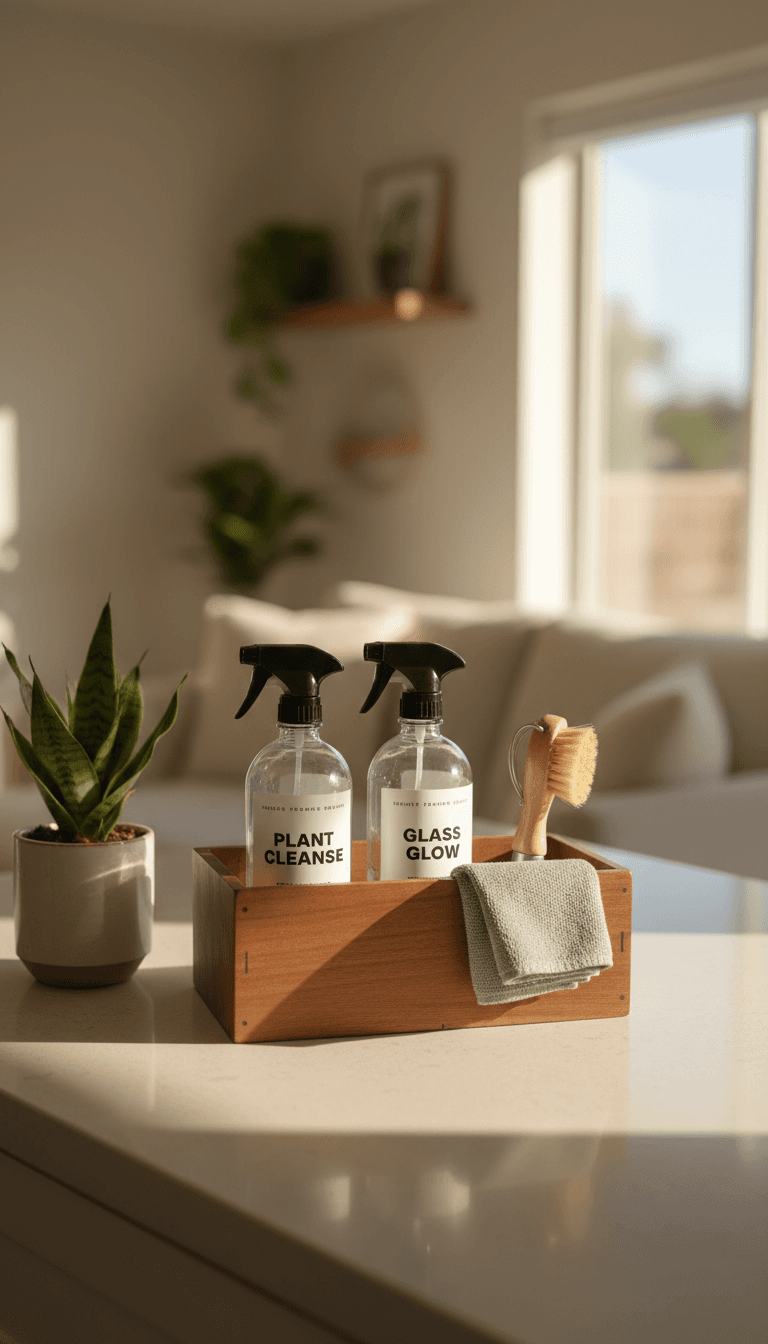 Eco-friendly cleaning supplies in a caddy on a bright kitchen counter
