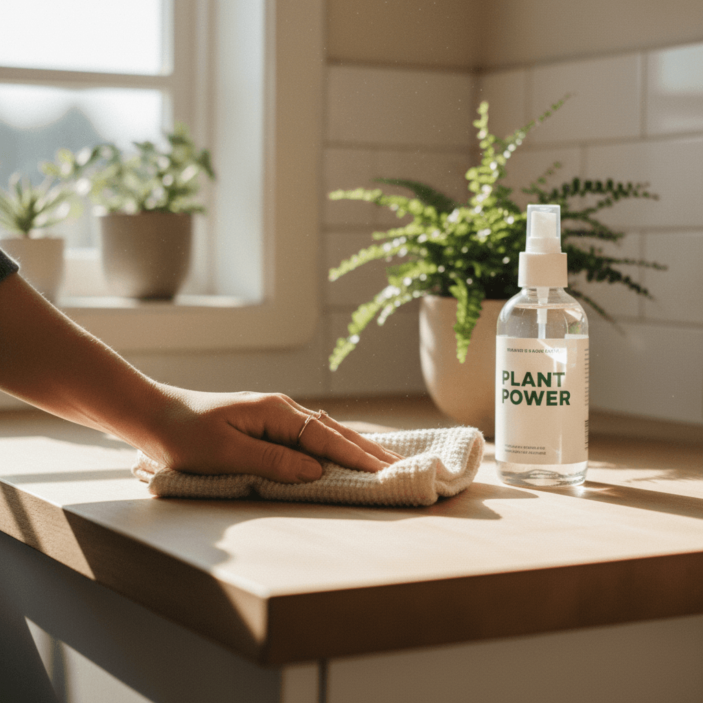 Hand wiping a wooden kitchen counter with a cloth and a plant-based spray bottle nearby