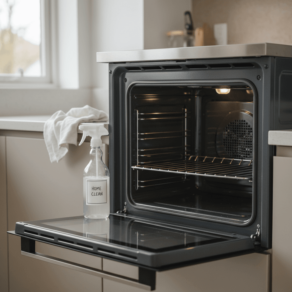 Clean oven with door open and a cloth and spray bottle on the counter beside it