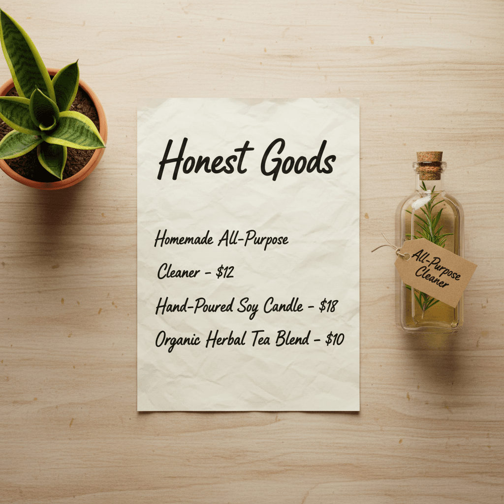 Price list on a wooden table next to a plant and a bottle of homemade cleaner